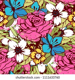 Big flowers, leaves. Seamless pattern. Floral background texture. Fabric design