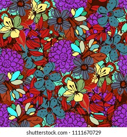 Big flowers, leaves. Seamless pattern. Floral background texture. Fabric design