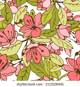 Big flowers, leaves. Seamless pattern. Floral background texture. Fabric design