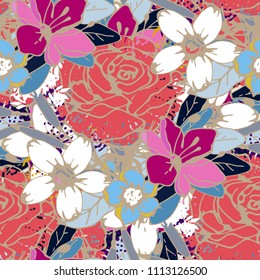 Big flowers, leaves. Seamless pattern. Floral background texture. Fabric design