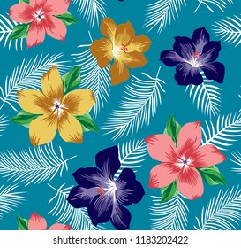 Big Flowers pattern with leaves on background, hawaiian flowers, for textile print