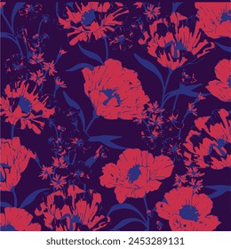 Big flowers pattern, upscale floral pattern. graphical textures floral, trendy colors pattern , flowers background with leaves. vector illustration.