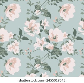 Big flowers pattern, upscale floral pattern. graphical textures floral, trendy colors pattern , flowers background with leaves. vector illustration.