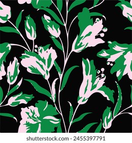 Big flowers pattern, upscale floral pattern. graphical textures floral, trendy colors pattern , flowers background with leaves. vector illustration.