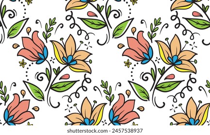 Big flowers pattern, upscale floral pattern. graphical textures floral, trendy colors pattern , flowers background with leaves. vector illustration.