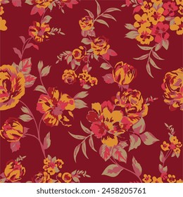 Big flowers pattern, upscale floral pattern. graphical textures floral, trendy colors pattern , flowers background with leaves. vector illustration.