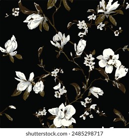 Big flowers pattern, upscale floral pattern. graphical textures floral, trendy colors pattern,Monochrome, flowers background with leaves. vector illustration.