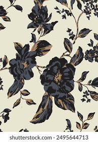 Big flowers pattern, upscale floral pattern. graphical textures floral, trendy colors pattern , flowers background with leaves. vector illustration.