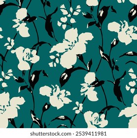Big flowers pattern, upscale floral pattern. graphical textures floral, trendy colors pattern , flowers background with leaves. vector illustration.