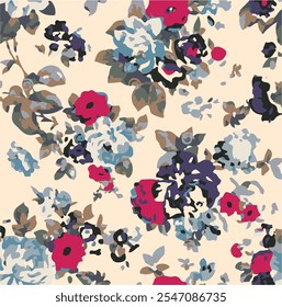 Big flowers pattern, upscale floral pattern. graphical textures floral, trendy colors pattern , flowers background with leaves. vector illustration.