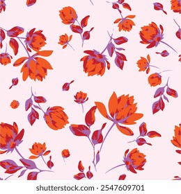 Big flowers pattern, upscale floral pattern. graphical textures floral, trendy colors pattern , flowers background with leaves. vector illustration.