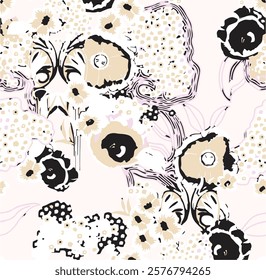 Big flowers pattern, upscale floral pattern. graphical textures floral, trendy colors pattern , flowers background with leaves. vector illustration,tropical,monochrome