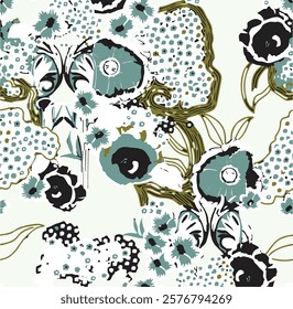 Big flowers pattern, upscale floral pattern. graphical textures floral, trendy colors pattern , flowers background with leaves. vector illustration,tropical,monochrome