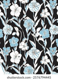 Big flowers pattern, upscale floral pattern. graphical textures floral, trendy colors pattern , flowers background with leaves. vector illustration,tropical,monochrome