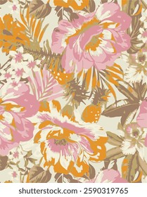 Big flowers pattern, upscale floral pattern. graphical textures floral, trendy colors pattern , flowers background with leaves. vector illustration.