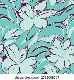 Big flowers pattern, upscale floral pattern. graphical textures floral, trendy colors pattern , flowers background with leaves. vector illustration.