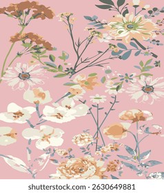 Big flowers pattern, upscale floral pattern. graphical textures floral, trendy colors pattern , flowers background with leaves. vector illustration.