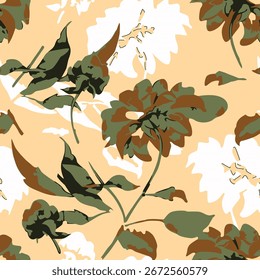 Big flowers pattern, upscale floral pattern. graphical textures floral, trendy colors pattern , flowers background with leaves. vector illustration.