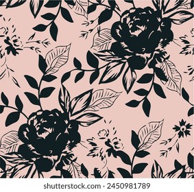 Großes Blumenmuster, tropische Blumen, kleine Blüten, Blüten mit Blättern, gehobenes Blumenmuster. Grafische Blütentexturen, Trendfarbenmuster, Blumenhintergrund mit Blättern, Vektorillustration.