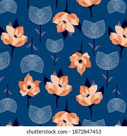 Flores grandes con tulipanes de polka para impresión textil