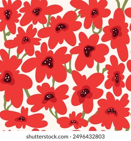 Big  flowers  red color on light background. Seamless floral pattern. Abstract vector texture for textile, fabric, wrapping paper. 