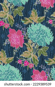 Big flowers seamless pattern. beautiful colorful botanicals all over with an illustrated bouquet of flowers and leaves. can be used for fabric, wallpapers, trendy designs  