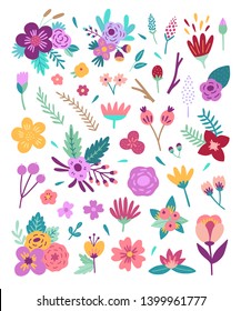 Big flowers set. Floral vector elements: blossoms, branches, botanical illustrations on white background