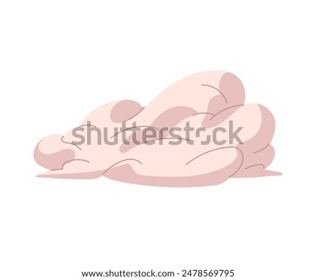 Big fluffy cloud flies in the air. Vapor puff with abstract shape. Comic vapour in the sky. Cigarette smoke. Silhouette of smog, fume, steam. Flat isolated vector illustration on white background