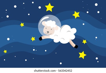 Big fluffy cute sheep with space helmet in deep blue space galaxy with stars. Simple vector kids illustration for toddlers and children. Galactic landscape background. Happy animal
