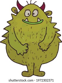 big fluffy green monster with horns and thorns on the back