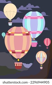 Big flying balloons for flying in the sky, night flight, night landscape, vector illustration, poster, placard, for design
