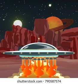 A big flying saucer takes off from a strange planet. A stony desert with rocks, starry sky. A planet with rings. Space travel. Vector illustration