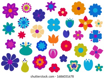 Big folk flowers collection: thirty four unique colorful slavic vector buds on white background. Blue, purple, magenta, red, orange and green colors.