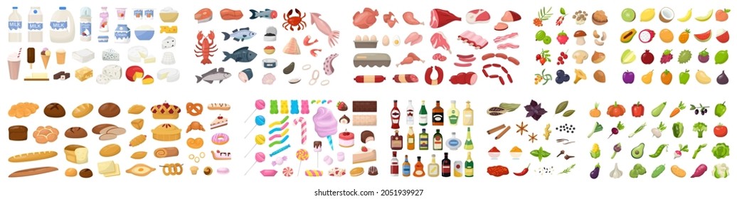 Big food set. Collection of various meal, fish and meat, vegetables and bread. Healthy fresh nutrition. Ingredients for cooking. Vector illustration in cartoon style