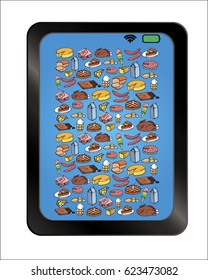 Big food set on background plate. Free hand drawn. Vector illustration. Cheese, meal, bread, cake, fish, milk, yogurt, ice cream, chocolate, eggs, pie.