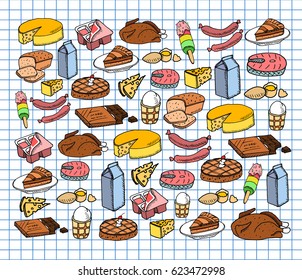 Big food set on copybook background. Free hand drawn. Vector illustration. Cheese, meal, bread, cake, fish, milk, yogurt, ice cream, chocolate, eggs, pie.