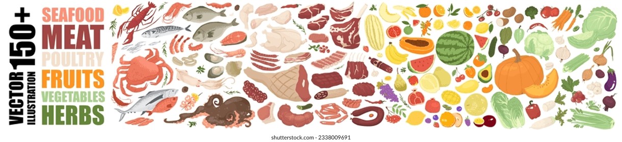 Big food set. Sea food, meat, fruits, herbs, vegetables, poultry. Isolated on white background vector objects for food markets, retail and farm businesses. The concept of environmentally friendly food