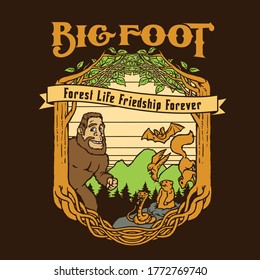 Big Foot Be Friend with Squirrel Groundhog Snake Bat Bird in the Forest Cartoon Mascot T shirt Design