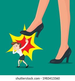 Big foot businesswoman stepping on tiny businesswoman, illustration vector cartoon

