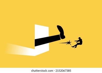 Big foot kick businessman. Fired job. Kick Away, Get Out. Business vector illustration.