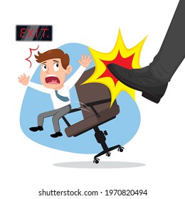 A big foot kicking businessman falling off office chair, illustration vector cartoon