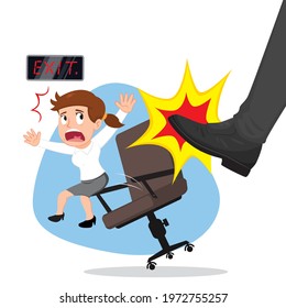 A big foot kicking businesswoman falling off office chair, illustration vector cartoon
