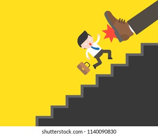 Big foot kicking Cute businessman fall from stairs, business situation in flat design, fired employee, failure or unfair competition concept