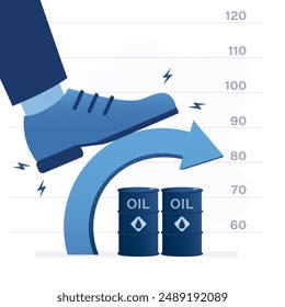 El pie grande presiona la flecha hacia abajo. Disminución de los Precios de petróleo y gas. Techo del Precio de combustible. Limitar el aumento del Precio de energía. Pierna del político impide que una enorme flecha crezca hacia arriba. Ilustración vectorial