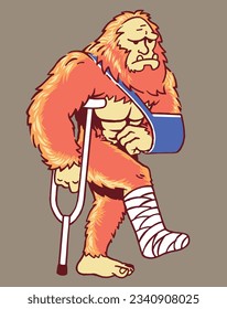 Big Foot Sasquatch Yeti in Crutches and Bandage