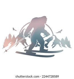 Big Foot Ski Illustration Clip Art Design Shape. Skiing Sasquatch Silhouette Icon Vector.