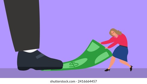 big foot step on money banknote wich pulling a businesswoman vector illustration