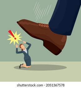 Big foot stepping on a kneeling tiny businesswoman, illustration vector cartoon