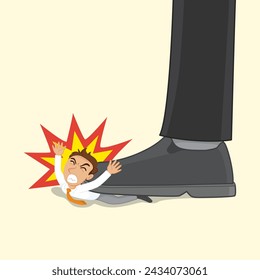 Big foot stepping on small businessman. Big business stepping on small business get pressed concept, 
Flat, Poster, Vector, Illustration, Cartoon, EPS10.  