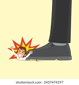 Big foot stepping on small businesswoman. Big business stepping on small business get pressed concept, 
Flat, Poster, Vector, Illustration, Cartoon, EPS10. 